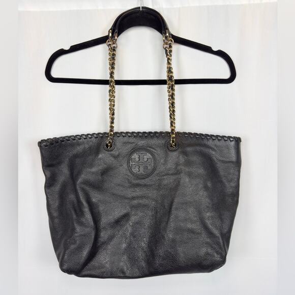 Tory Burch Large Pebble Black Leather East West Tote Bag Gold Chain Hardware - Picture 1 of 9